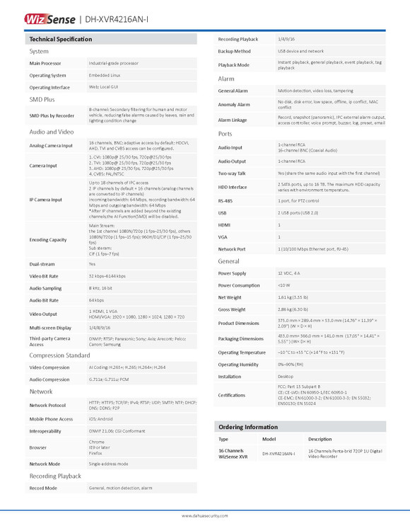 ضبط کننده ویدئویی 16 کانال داهوا Dahua XVR DH-XVR4216AN-I