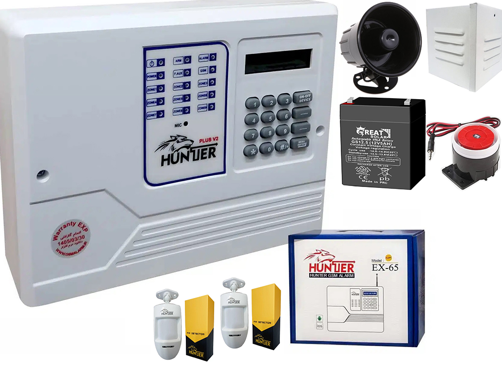 بسته کامل دزدگیر سیم کارتی  6 زون با سیم و 3 زون بی سیم هانتر + 2 عدد چشم نیمه وزنی(PET) + باتری 5 آمپر و...